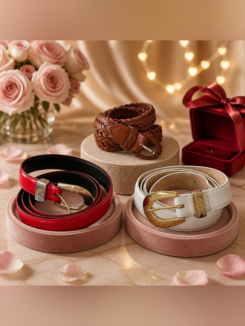 Women's 1" Wide Leather Belts - Red, White & Brown Set Sz 42-46"